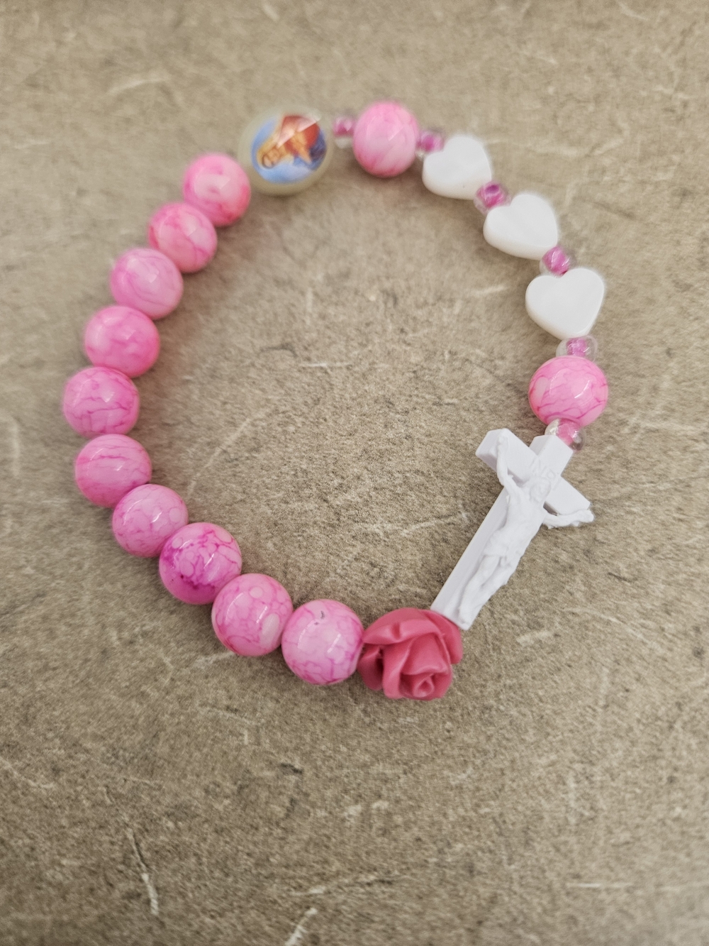 Pink Rosary Bead Stretch Bracelet with White Crucifix